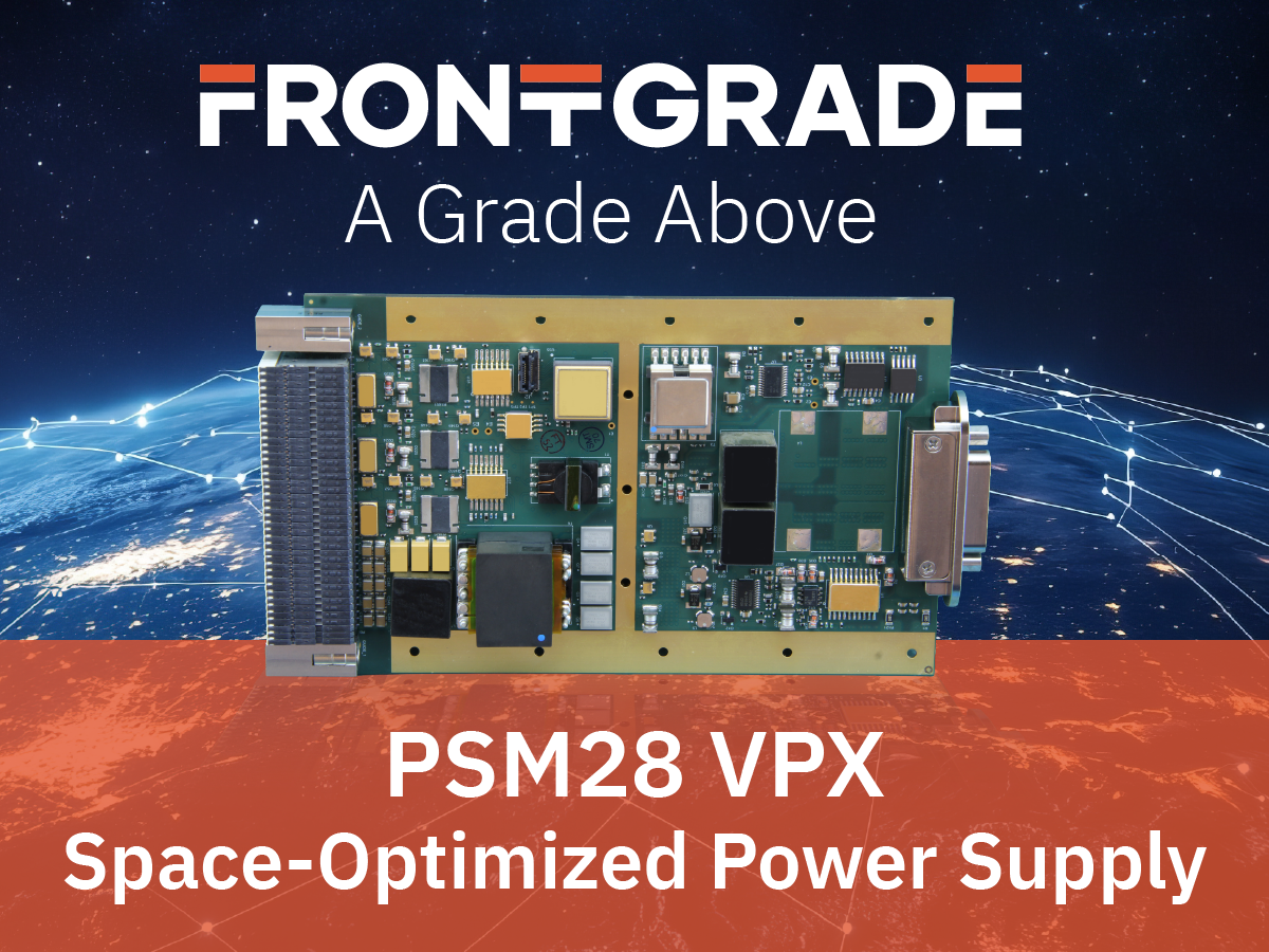 PSM28 VPX power supply module, a circuit board with connectors at both ends, on an Earth-from-orbit backdrop