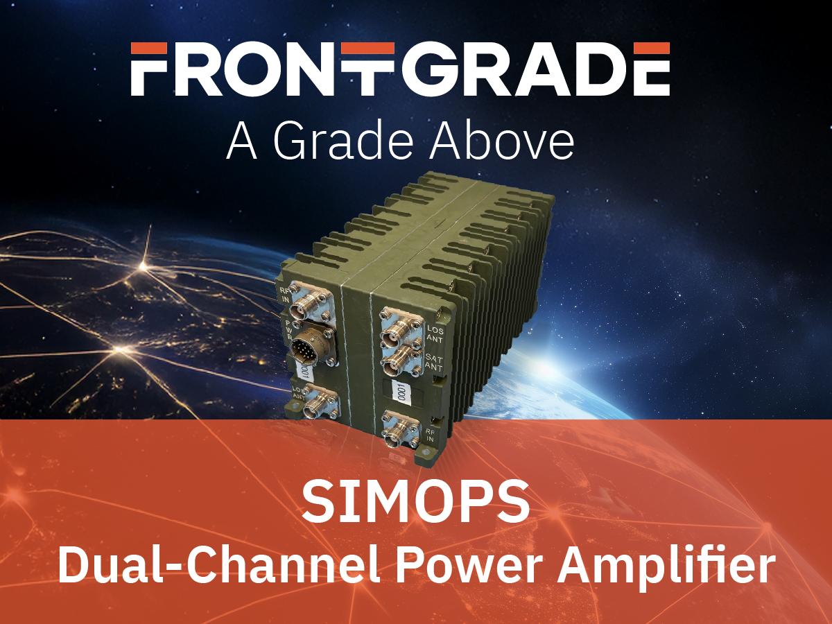 SIMOPS dual-channel power amplifier, a finned metal housing with RF connectors, on an Earth-from-orbit backdrop