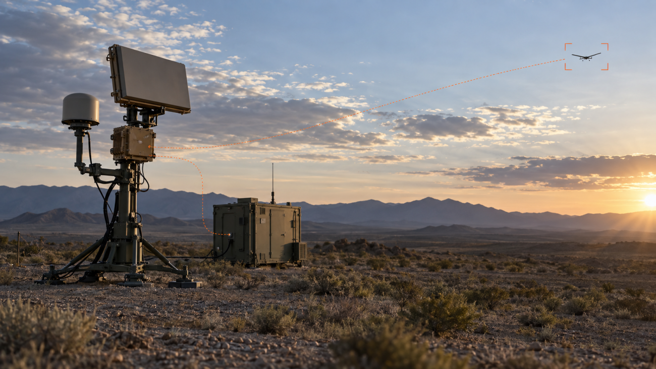 Counter-UAS RF sensor and mission-processing system tracking an unmanned aircraft over a test range.