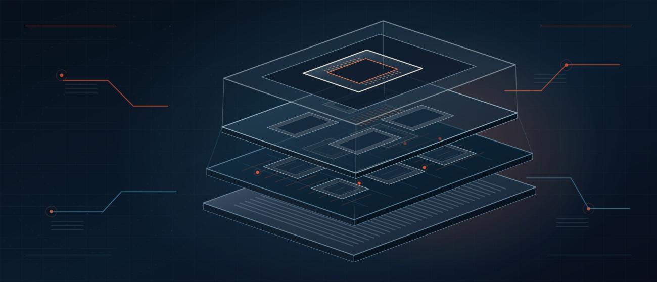 Conceptual exploded-view illustration of layered spacecraft electronics, representing system integration, processing, and thermal management within compact space systems.
