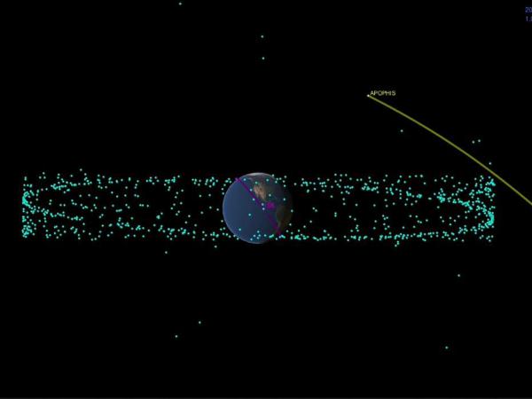 Artist’s concept of a near-Earth asteroid during a close approach to Earth, similar to asteroid (99942) Apophis, which will pass within 32,000 km of Earth in April 2029. Credit: NASA/JPL-Caltech