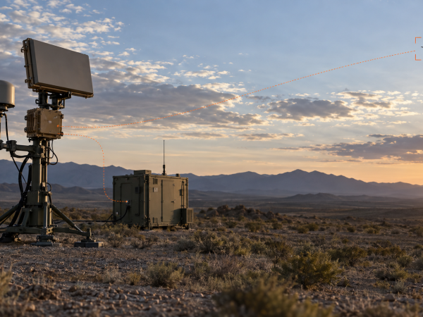 Counter-UAS RF sensor and mission-processing system tracking an unmanned aircraft over a test range.